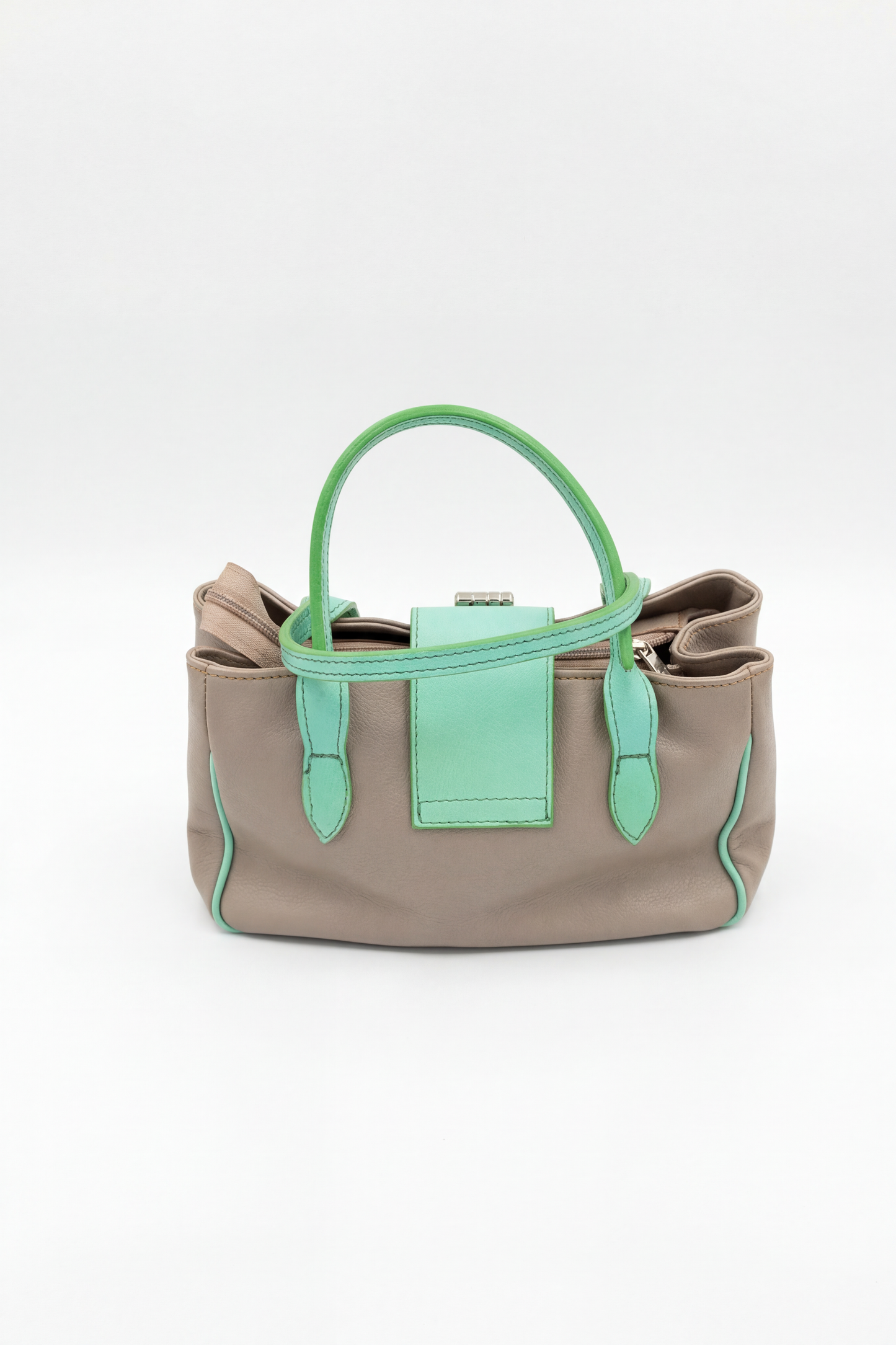 GREY & MINT LEATHER HANDBAG WITH SILVER HARDWARE