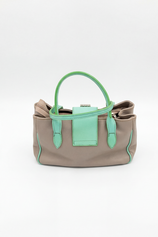 GREY & MINT LEATHER HANDBAG WITH SILVER HARDWARE