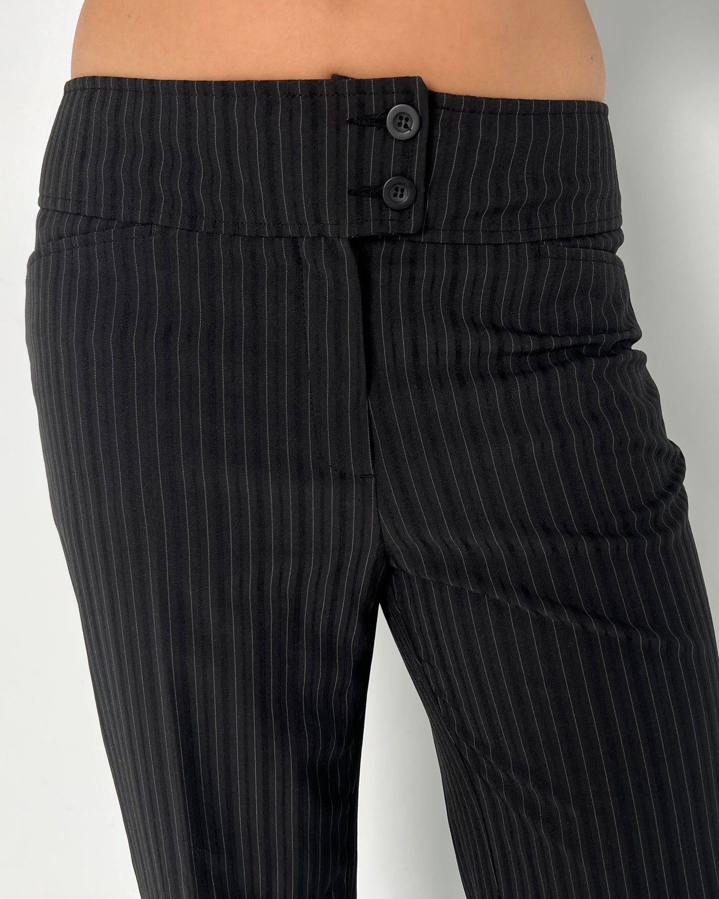 BLACK LOW-WAIST PINSTRIPE TROUSERS