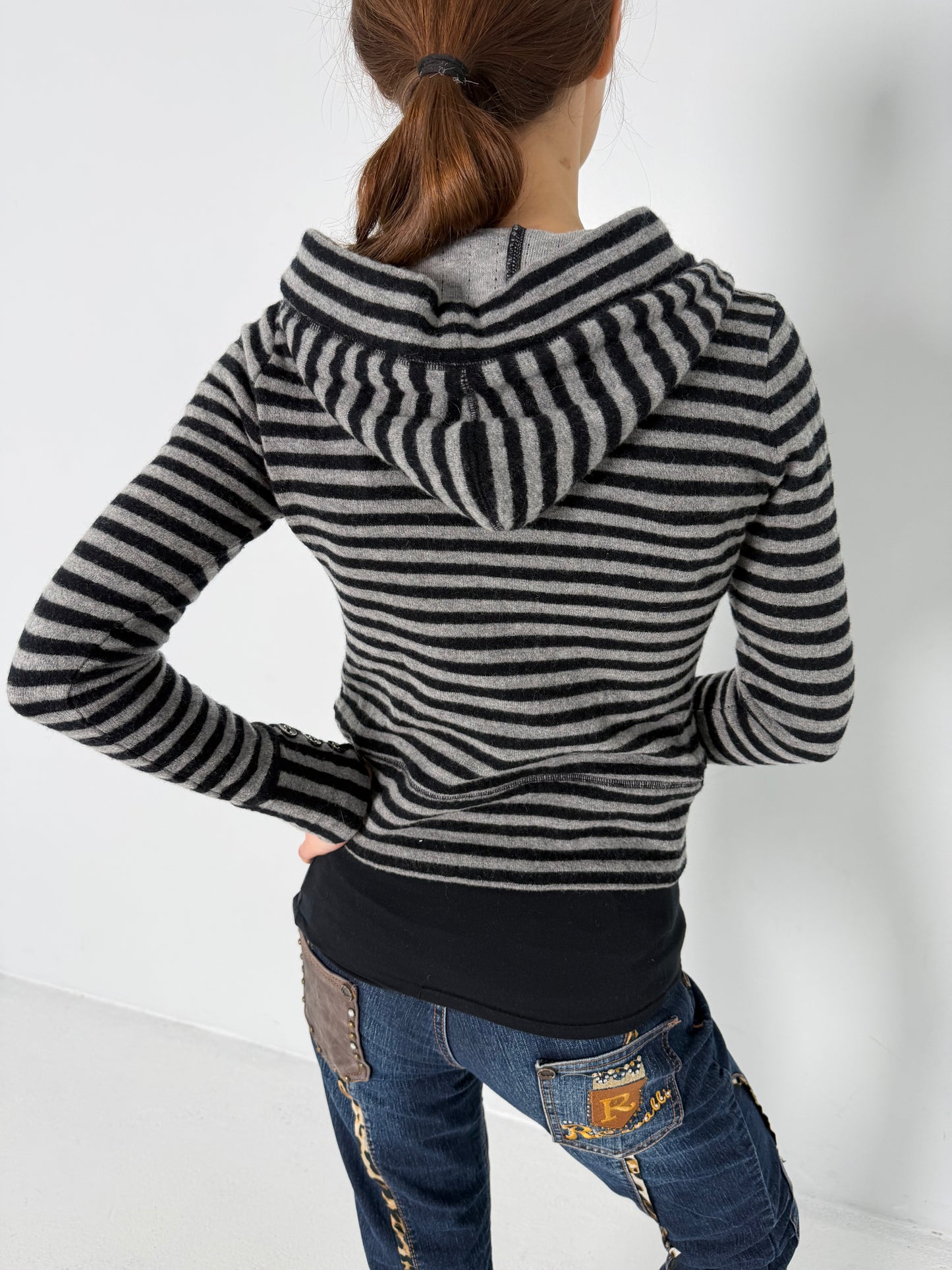 BLACK & GREY STRIPED KNIT HOODIE