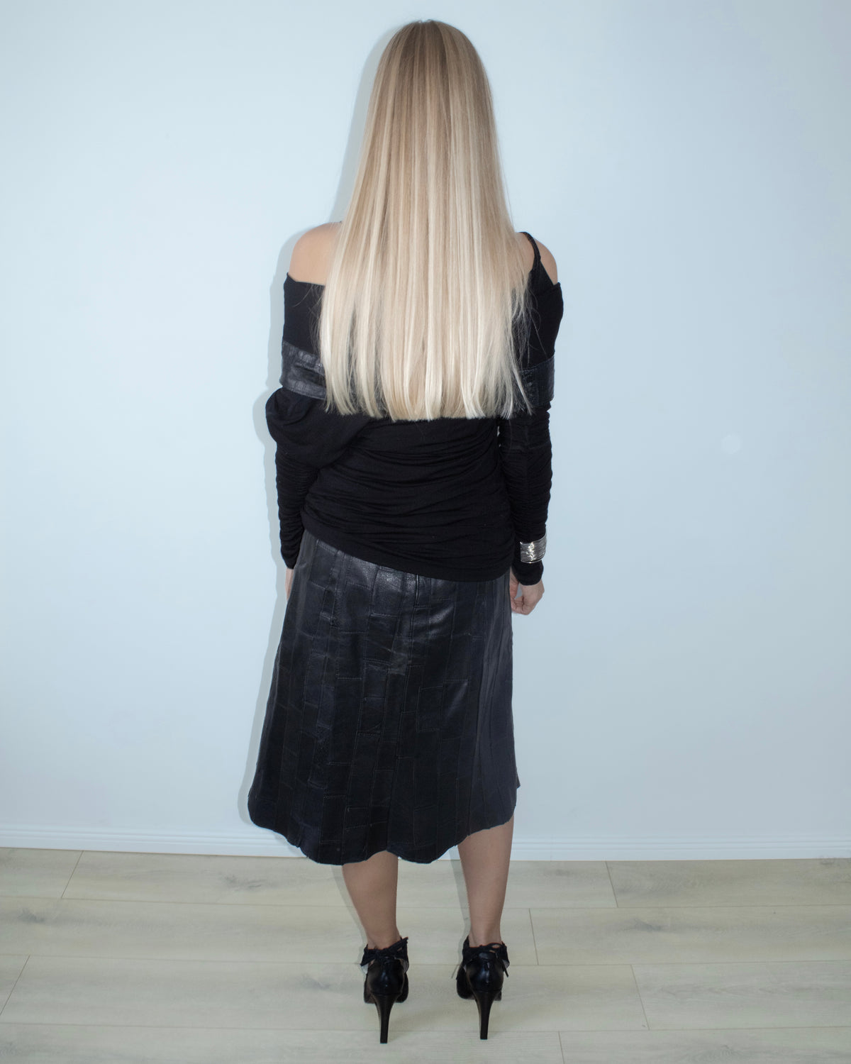 patchwork leather midi skirt