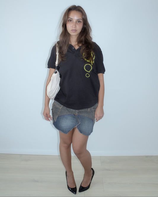 deconstructed denim mini skirt