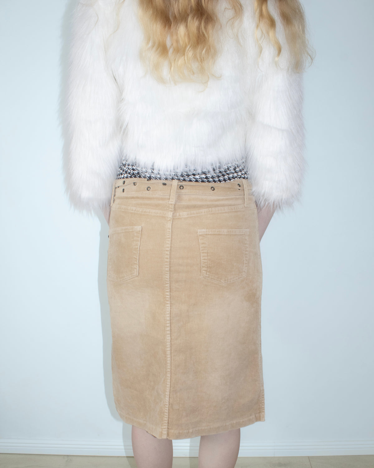 buckle-waist corduroy midi skirt