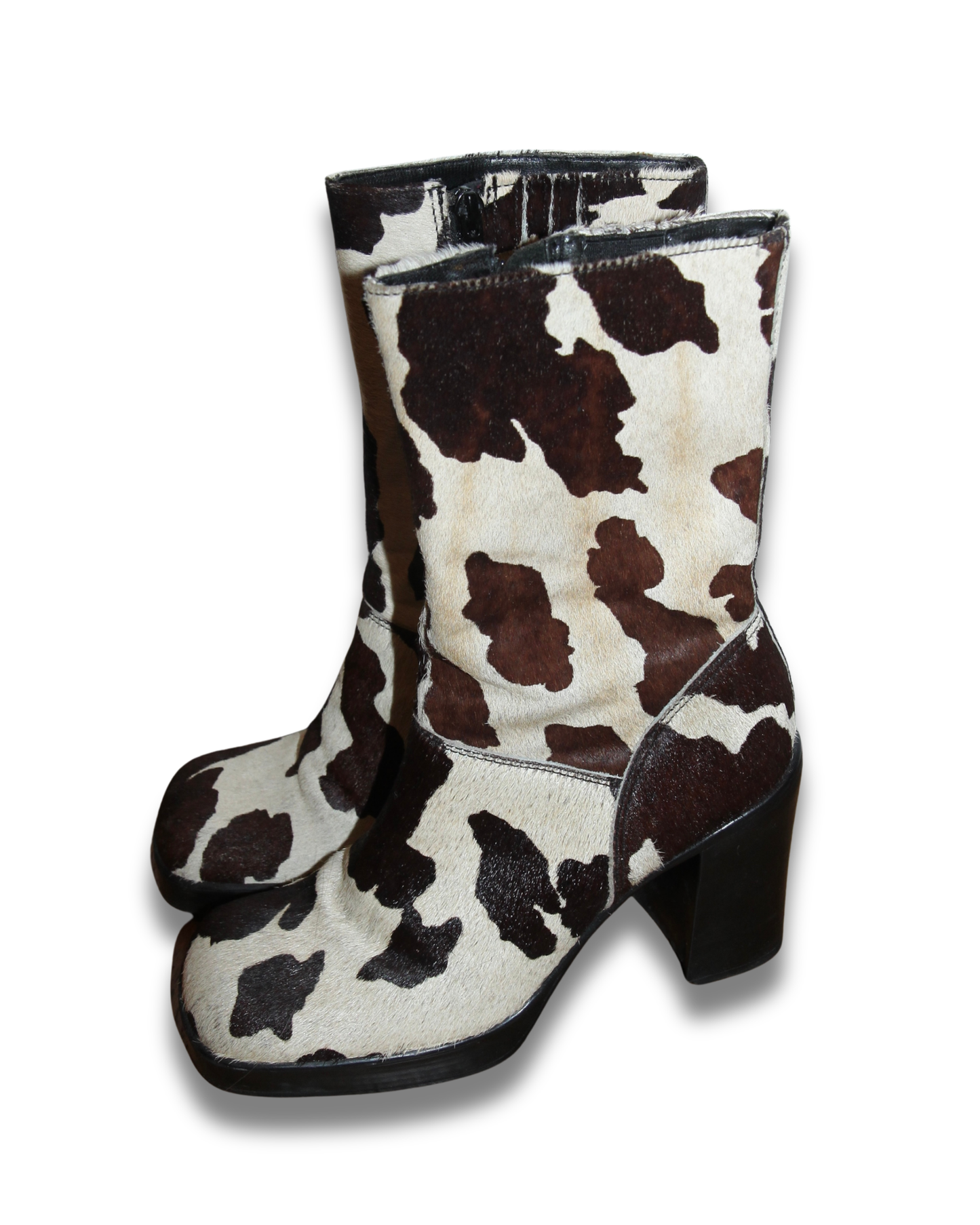 STEVE MADDEN COW PRINT PLATFORM BOOTS