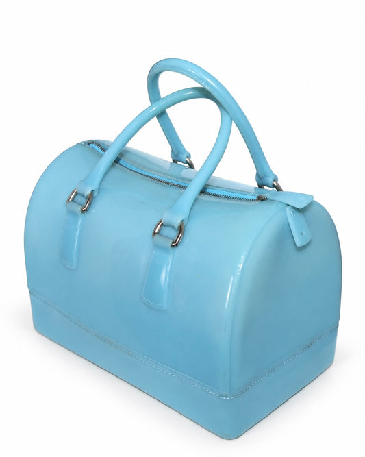 bright blue jelly boston bag