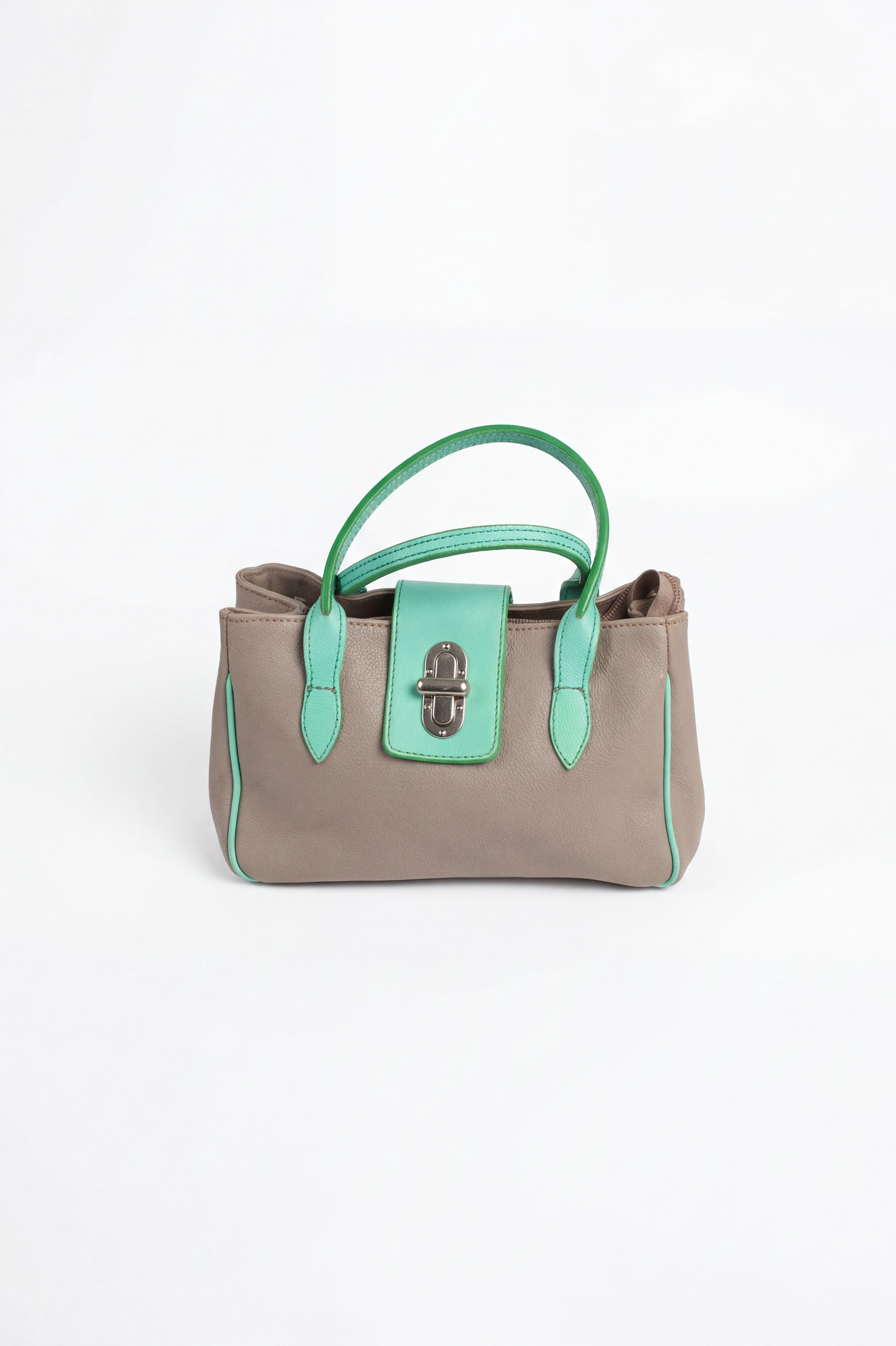 GREY & MINT LEATHER HANDBAG WITH SILVER HARDWARE