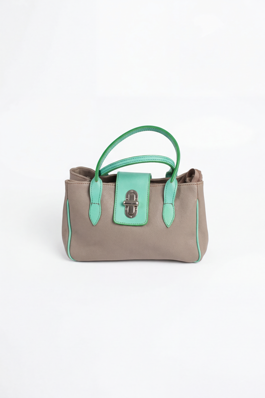 GREY & MINT LEATHER HANDBAG WITH SILVER HARDWARE