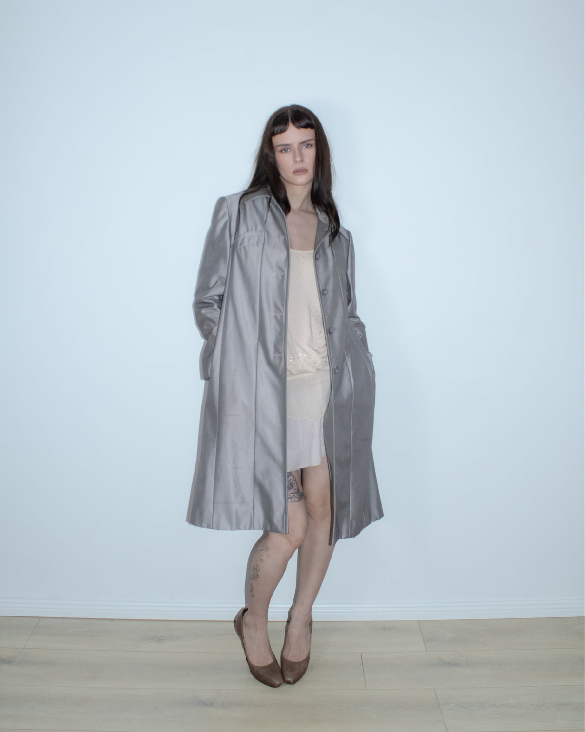 balenciaga la mode metallic grey coat