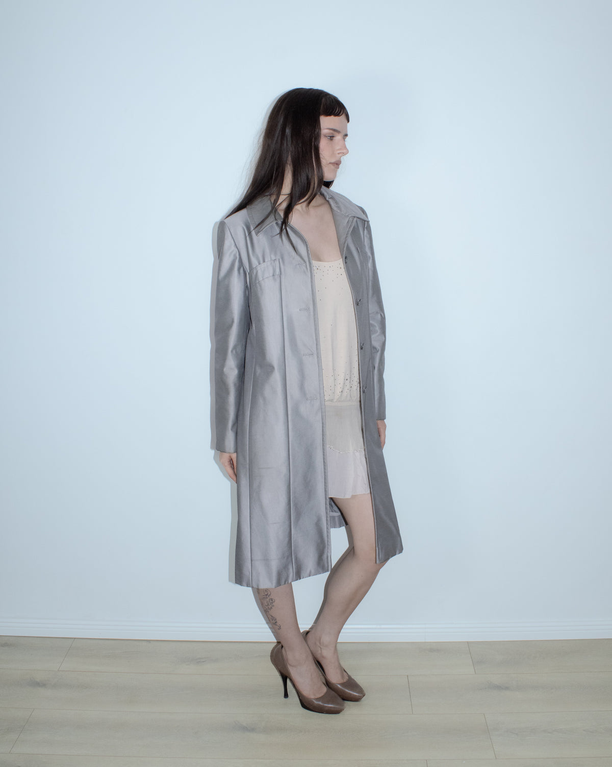 balenciaga la mode metallic grey coat