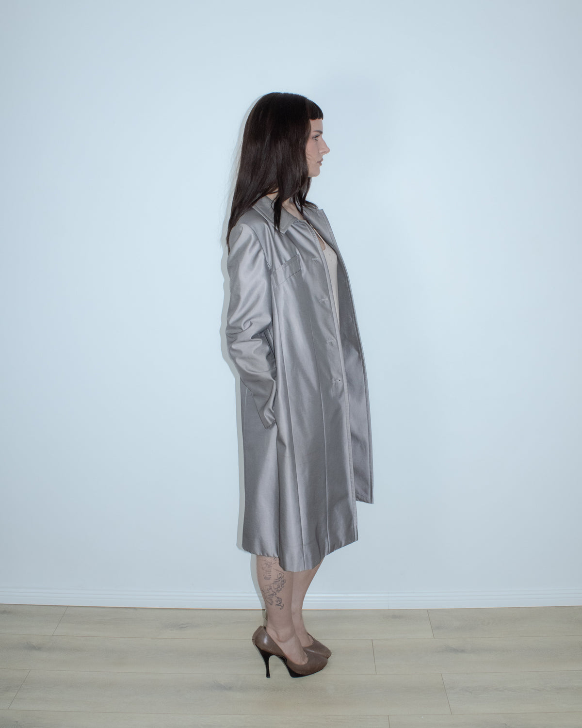 balenciaga la mode metallic grey coat