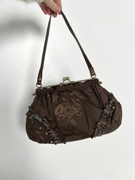 BROWN EMBROIDERED FRAME BAG