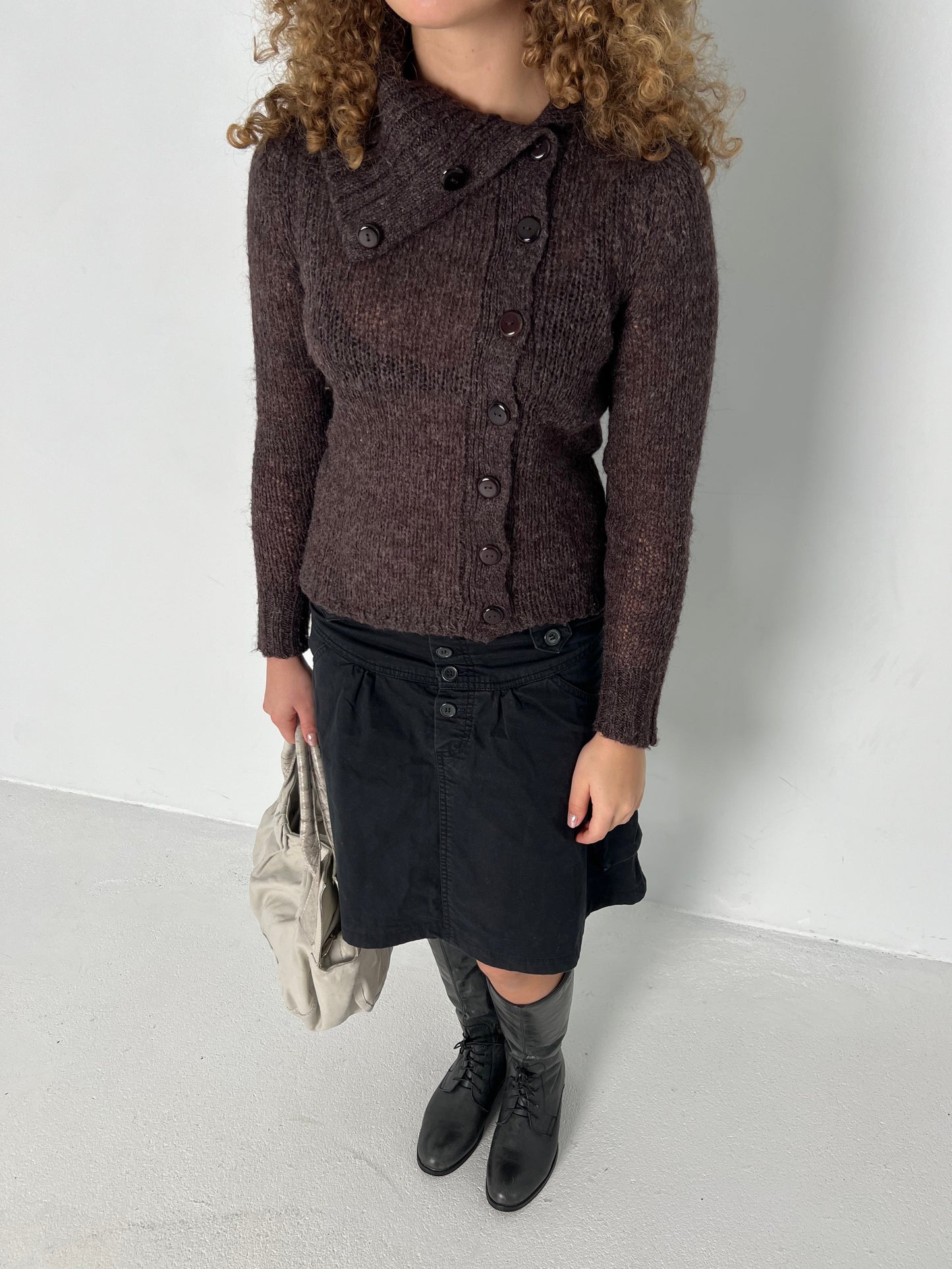 BROWN ASYMMETRIC KNIT CARDIGAN