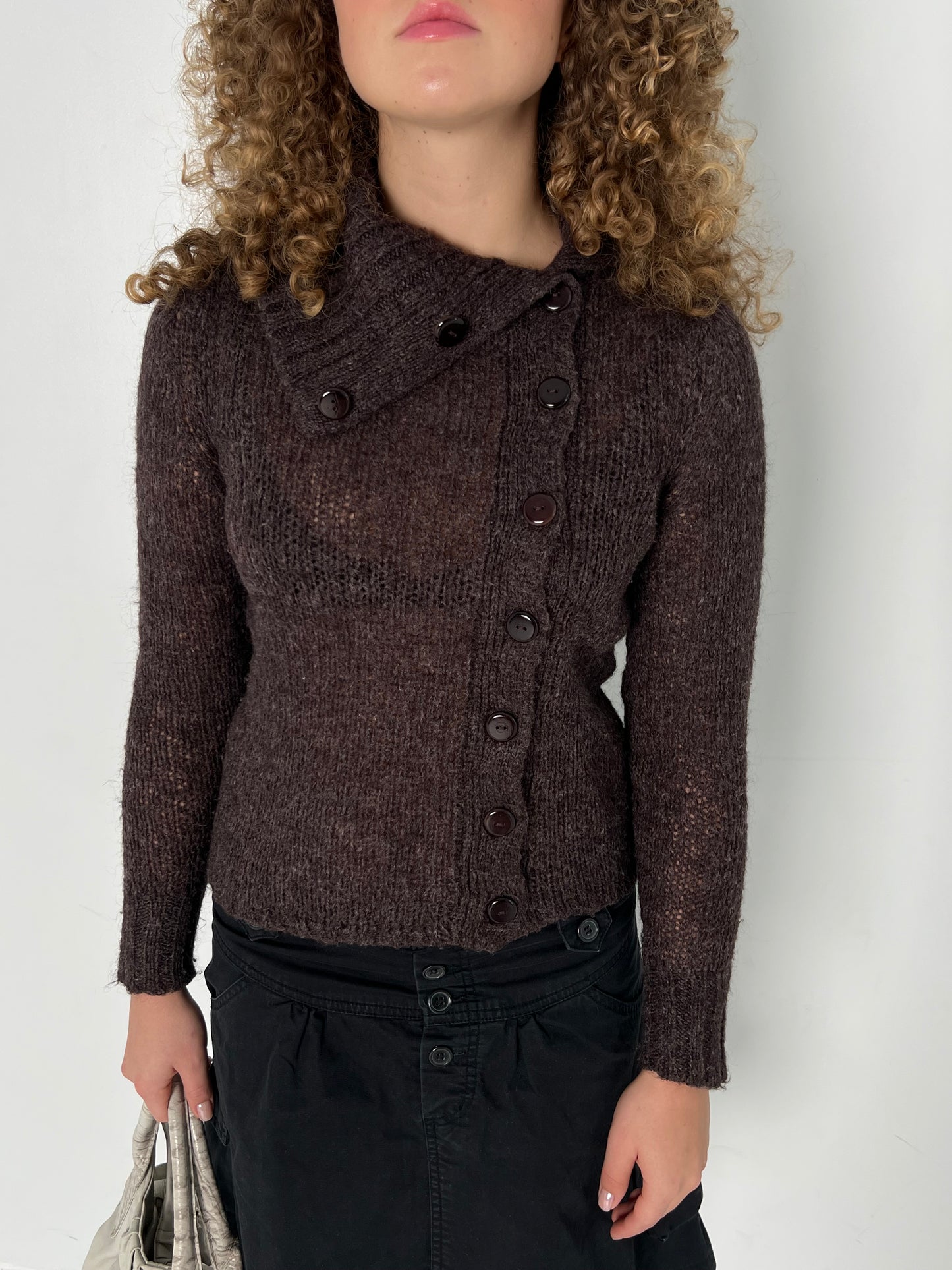 BROWN ASYMMETRIC KNIT CARDIGAN