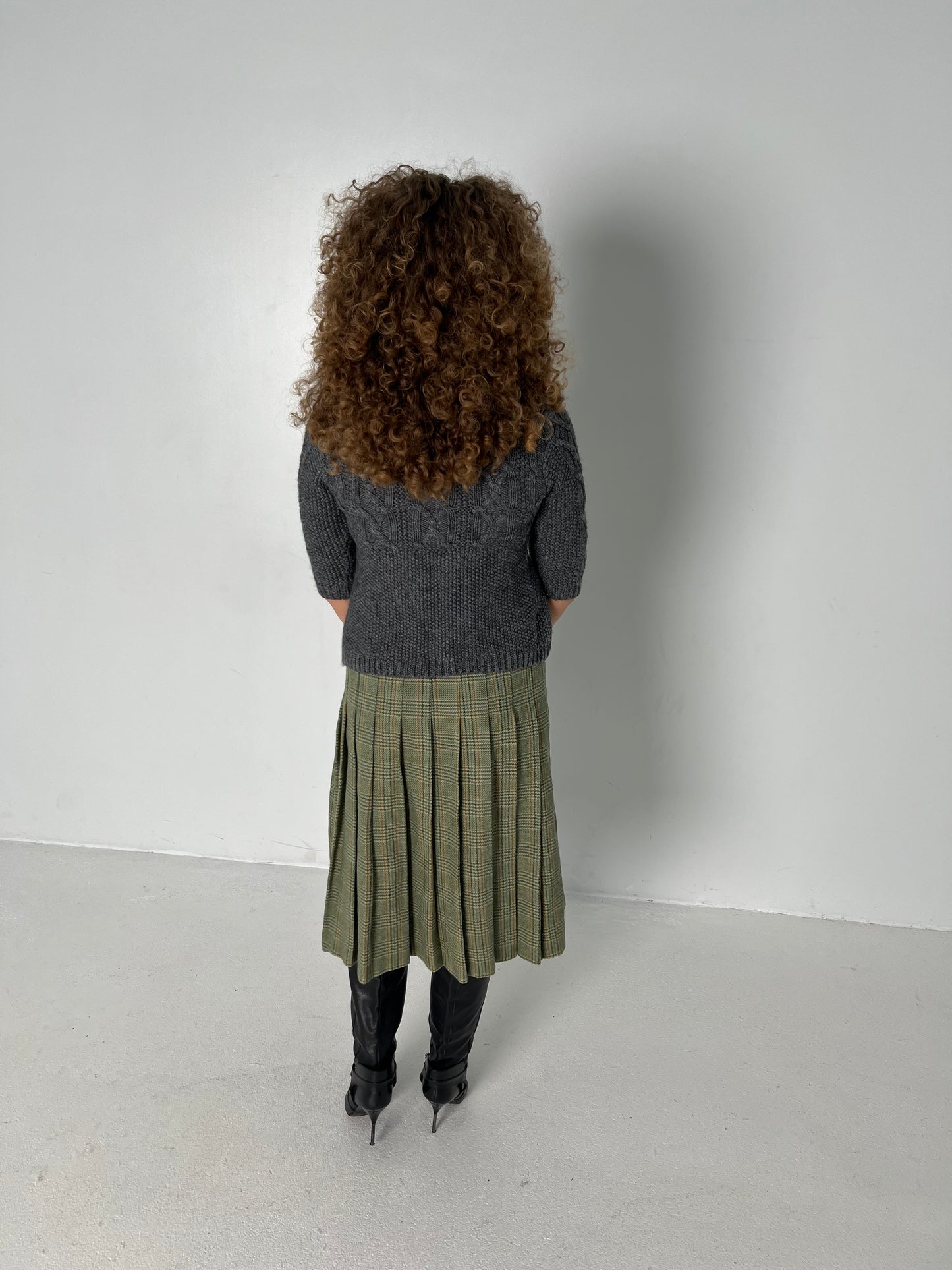 GREEN WOOL PLAID MIDI SKIRT
