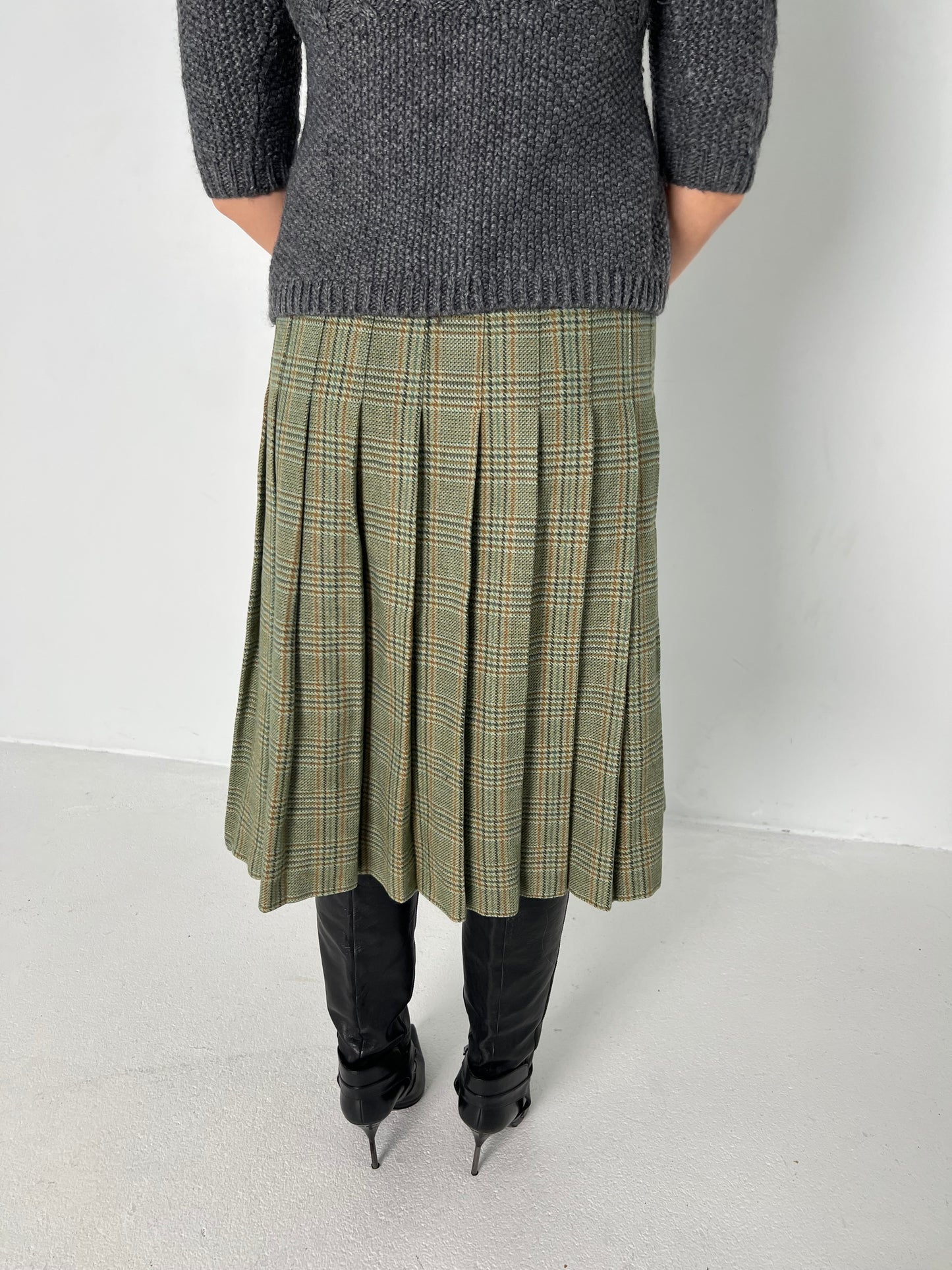GREEN WOOL PLAID MIDI SKIRT