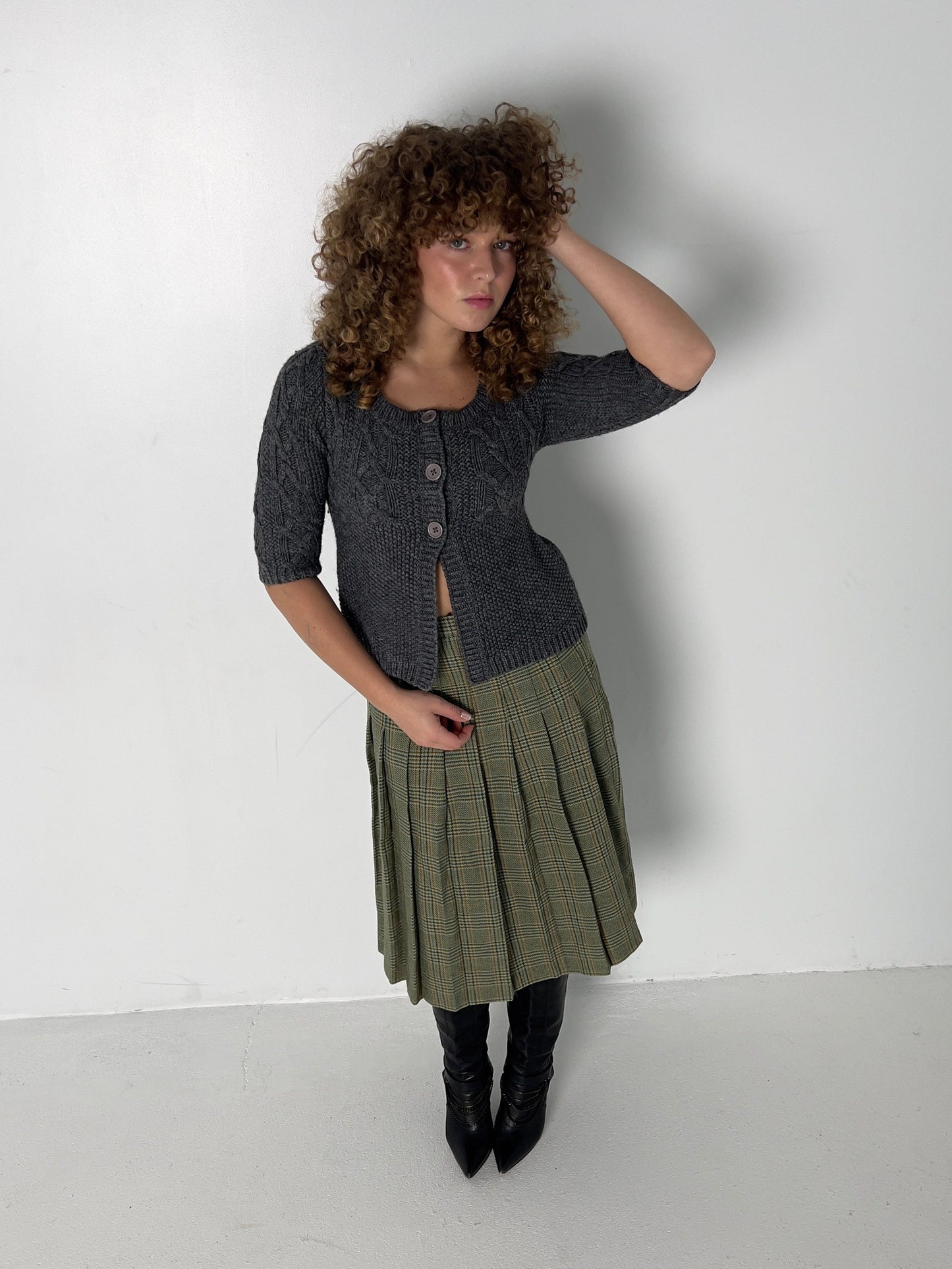 GREEN WOOL PLAID MIDI SKIRT