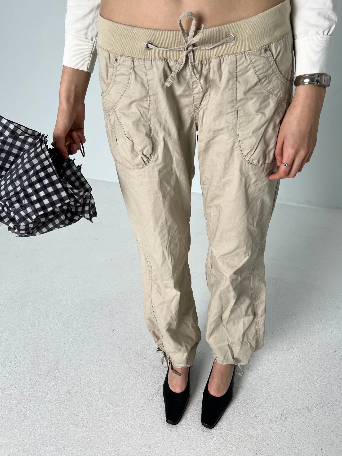 BEIGE DRAWSTRING CARGO PANTS