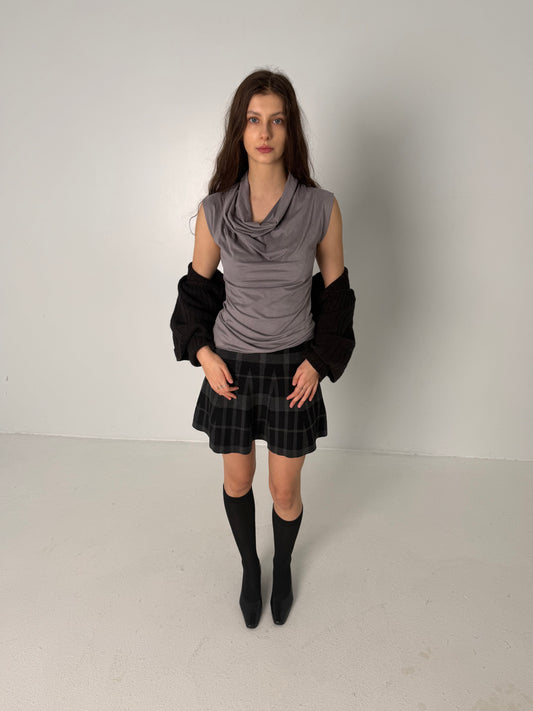 KNIT CHECKERED FLARED MINI SKIRT