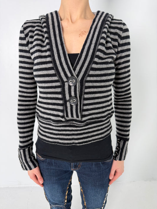 BLACK & GREY STRIPED KNIT HOODIE
