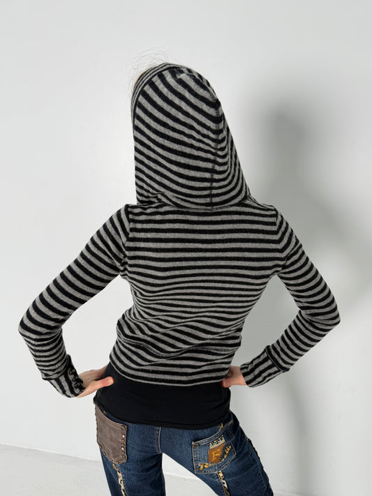 BLACK & GREY STRIPED KNIT HOODIE
