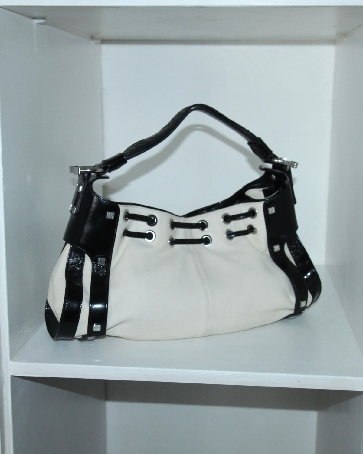 karen miller white black bag