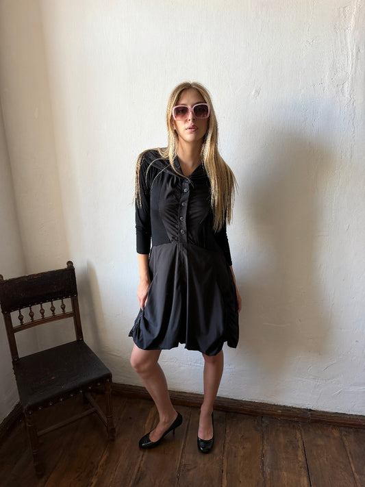 BLACK DRAPED SAILOR COLLAR DRESS