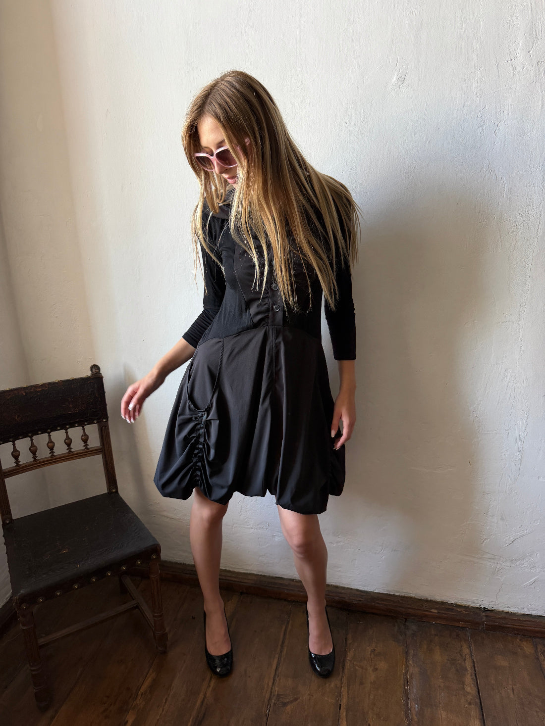 BLACK DRAPED SAILOR COLLAR DRESS
