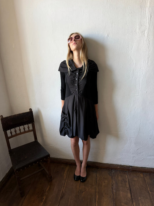 BLACK DRAPED SAILOR COLLAR DRESS