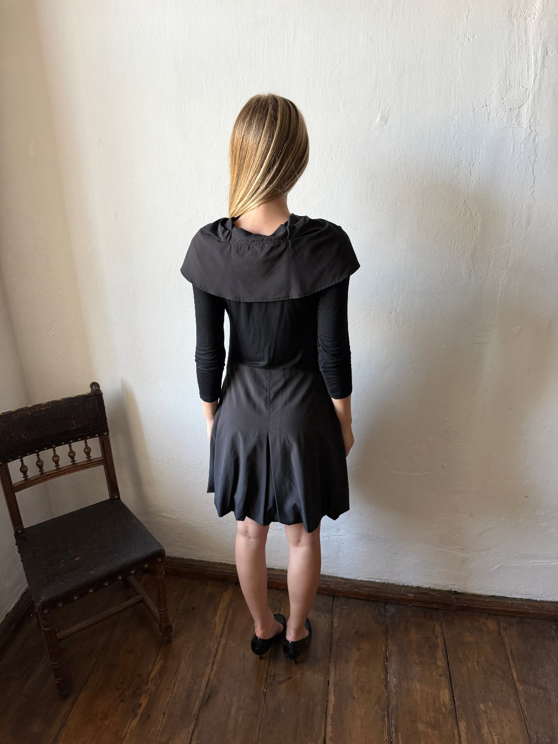 BLACK DRAPED SAILOR COLLAR DRESS