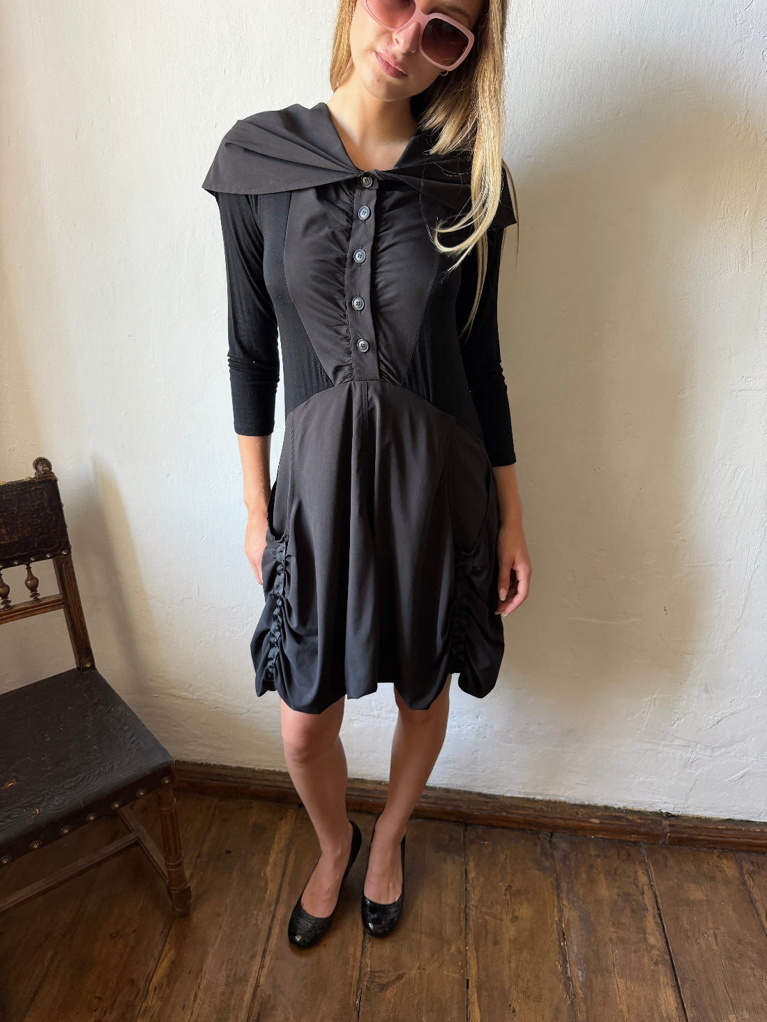 BLACK DRAPED SAILOR COLLAR DRESS