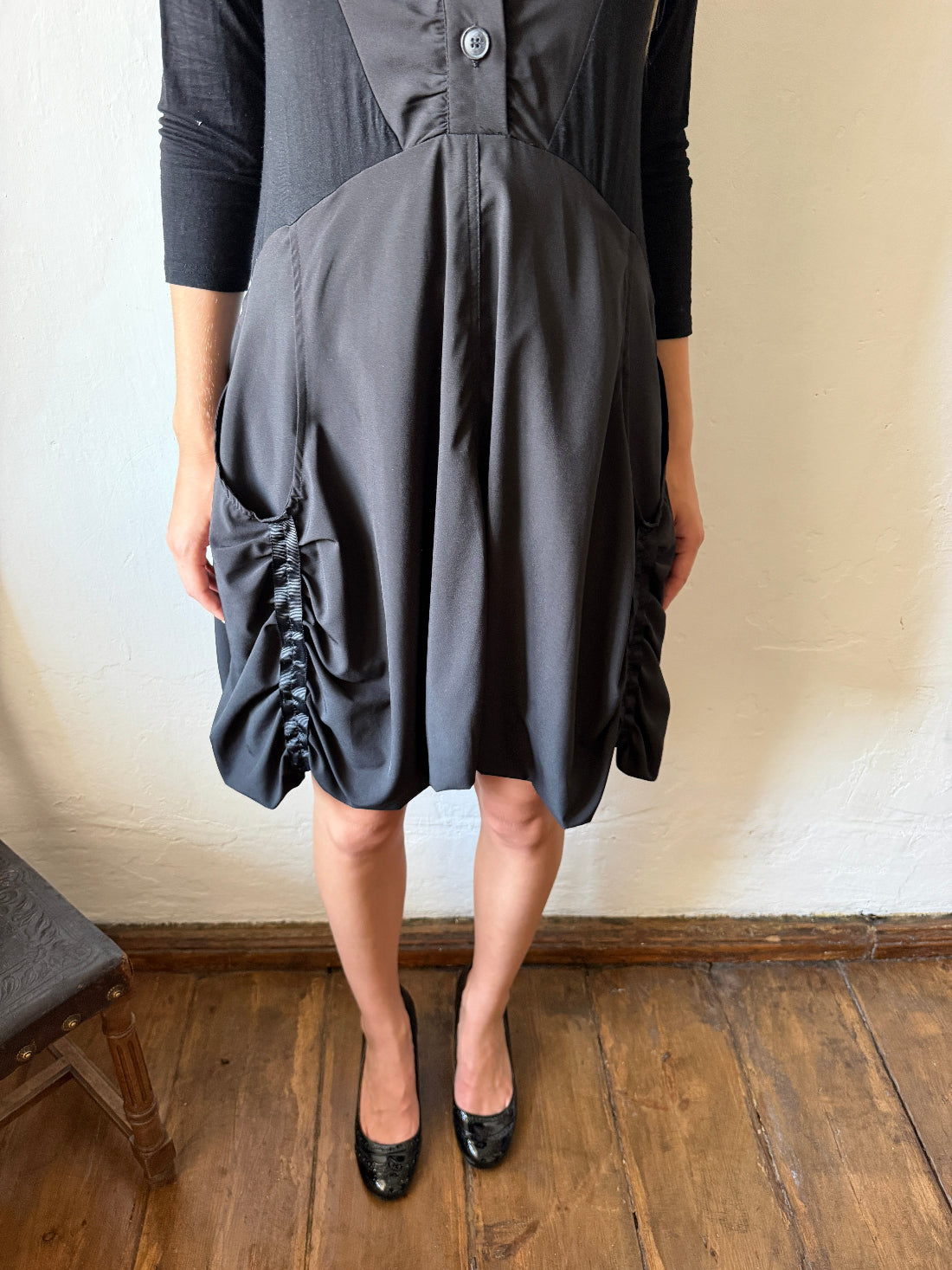 BLACK DRAPED SAILOR COLLAR DRESS