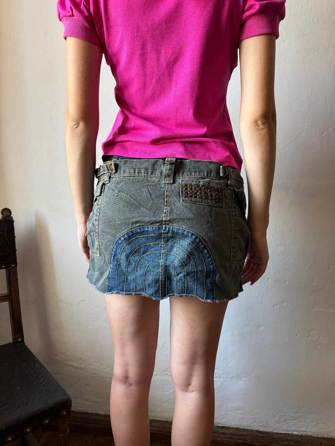 Vintage deconstructed denim mini skirt with patchwork panels