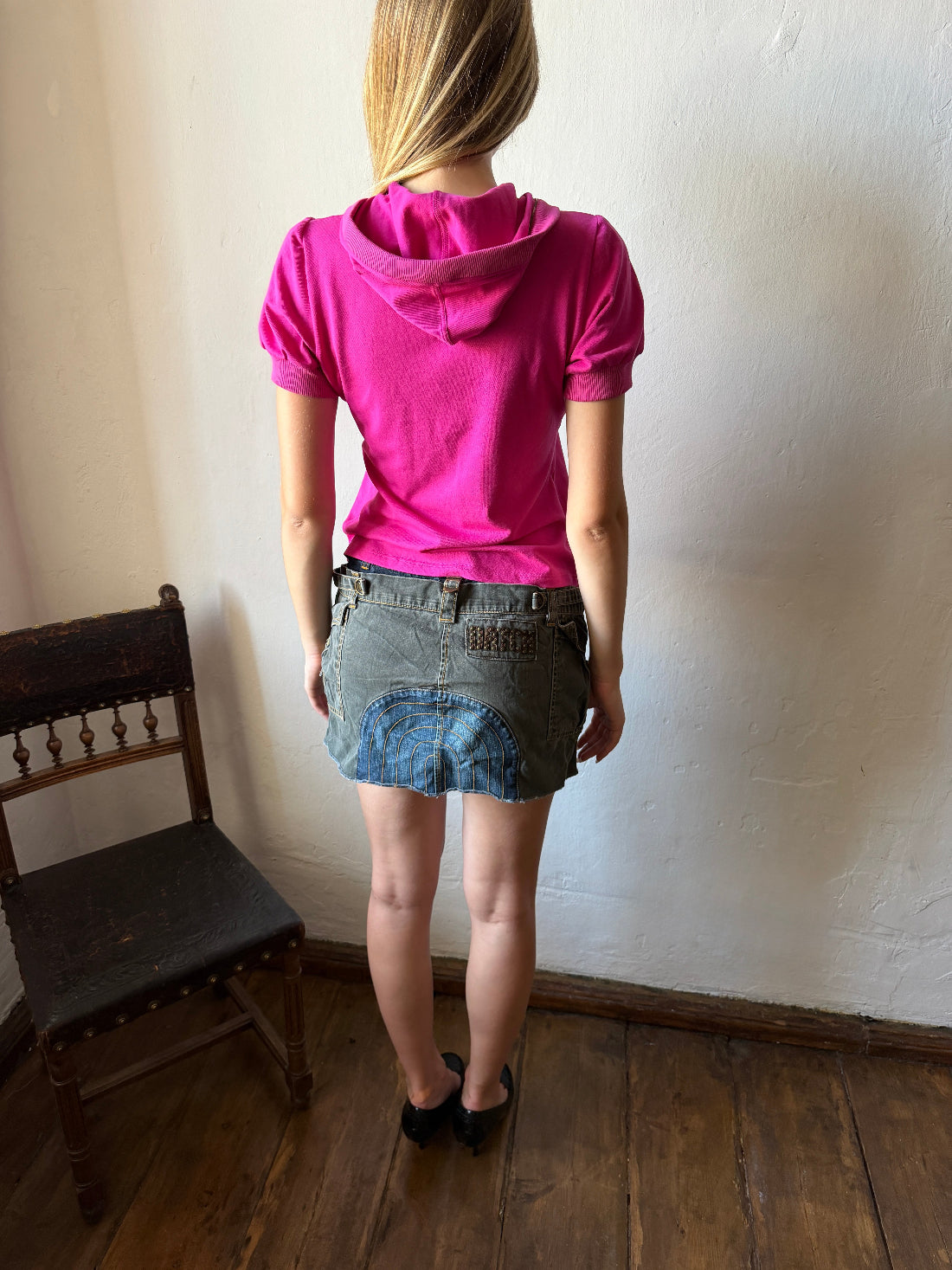 Vintage deconstructed denim mini skirt with patchwork panels