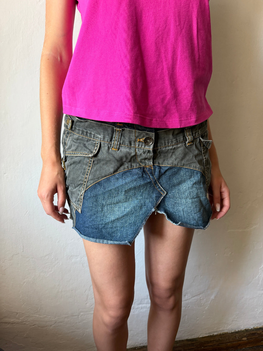 Vintage deconstructed denim mini skirt with patchwork panels
