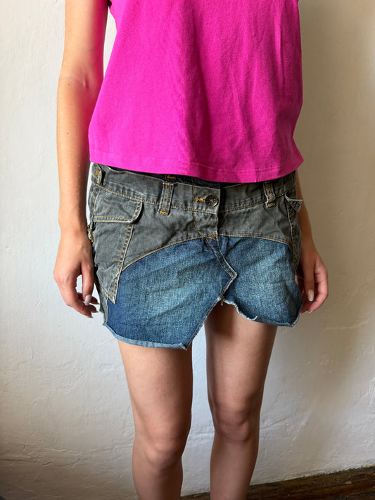 Vintage deconstructed denim mini skirt with patchwork panels