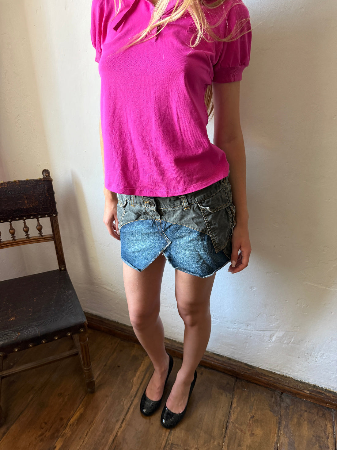 Vintage deconstructed denim mini skirt with patchwork panels