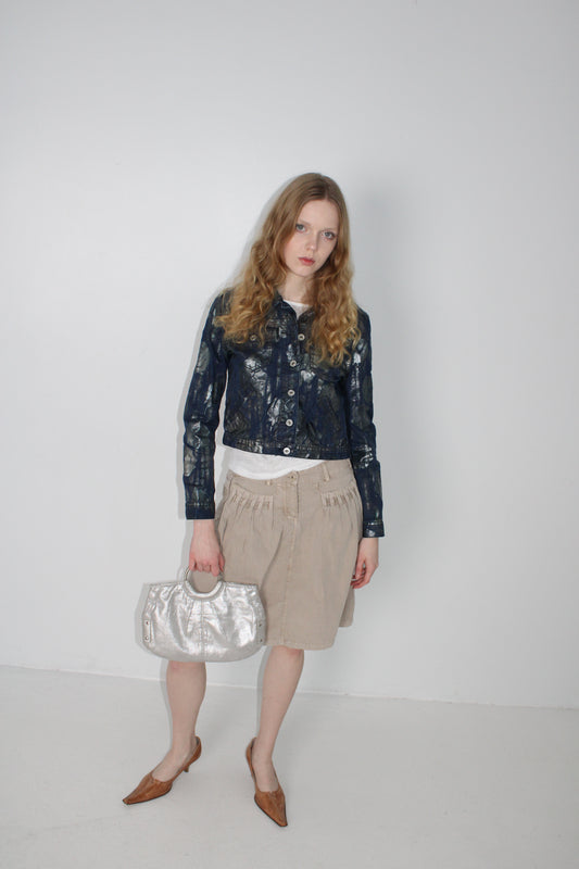 FLORAL DENIM JACKET IN SILVER METALLIC