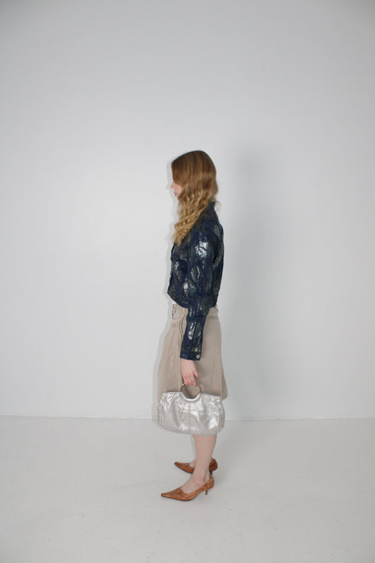 FLORAL DENIM JACKET IN SILVER METALLIC