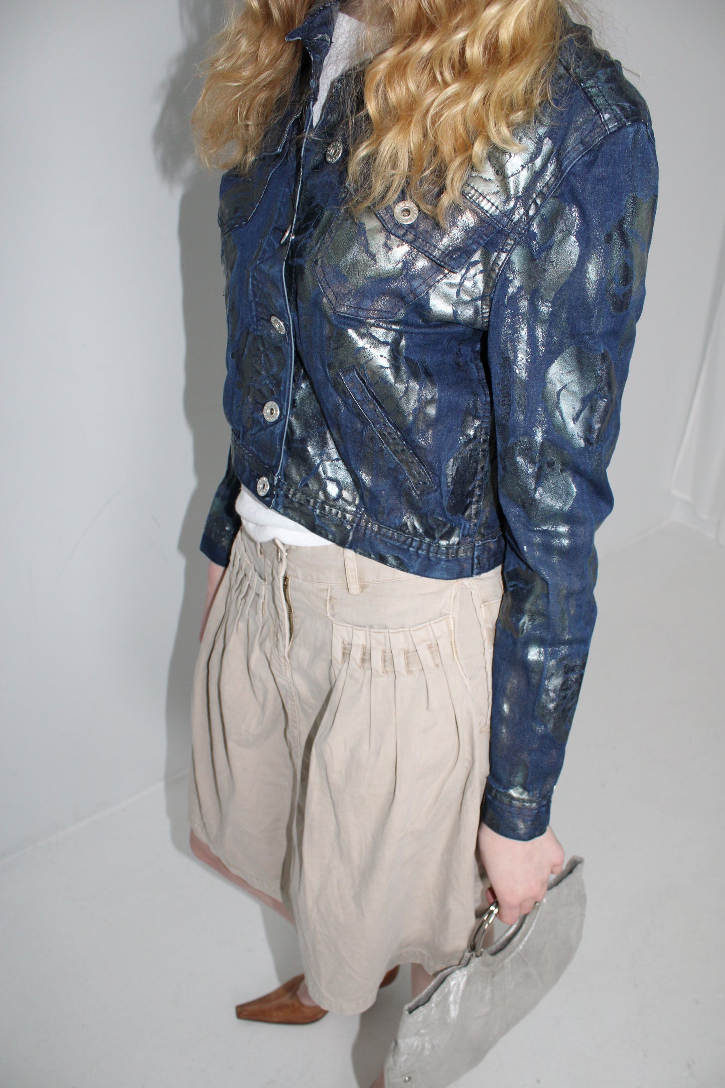 FLORAL DENIM JACKET IN SILVER METALLIC