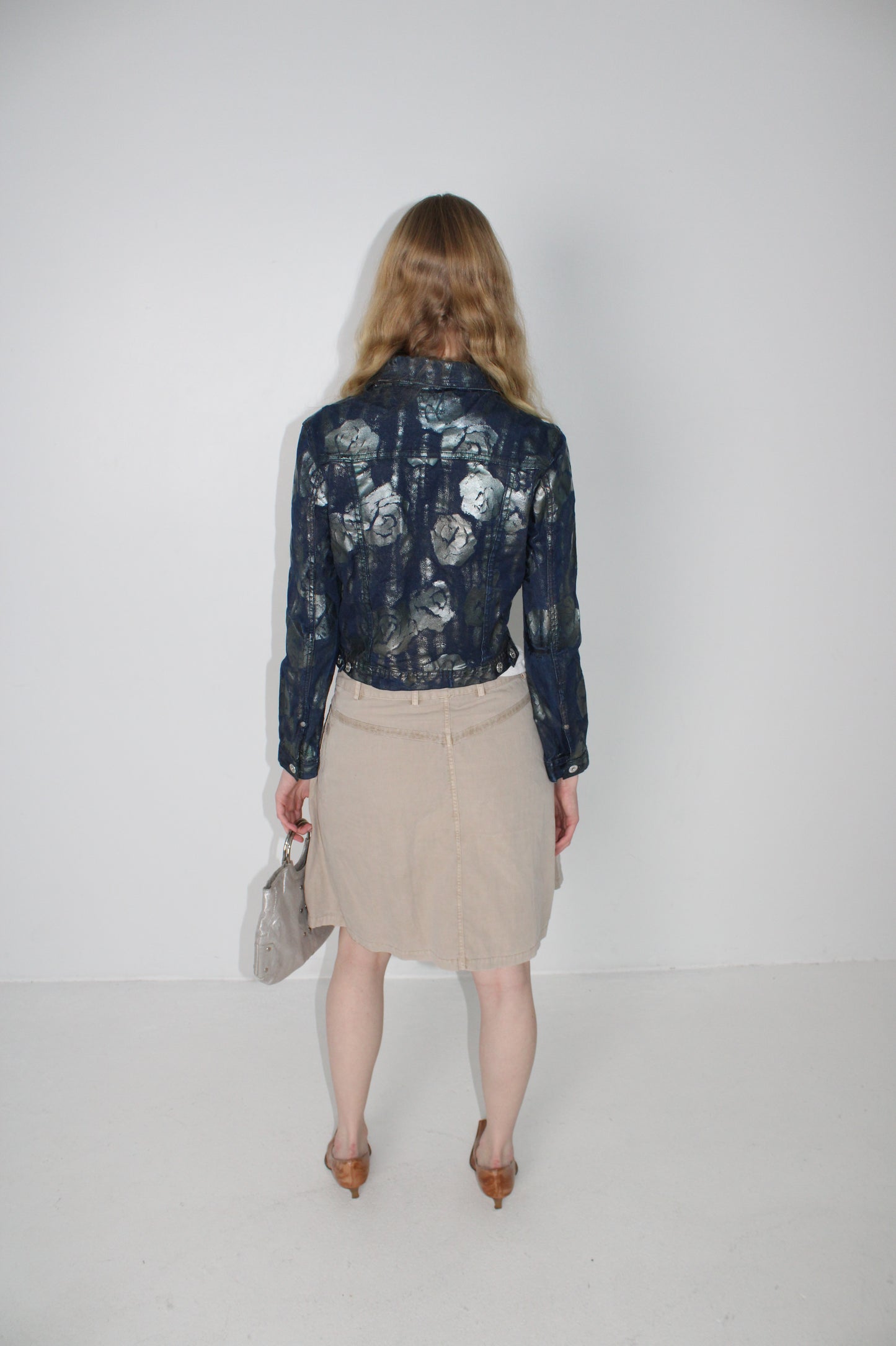 FLORAL DENIM JACKET IN SILVER METALLIC