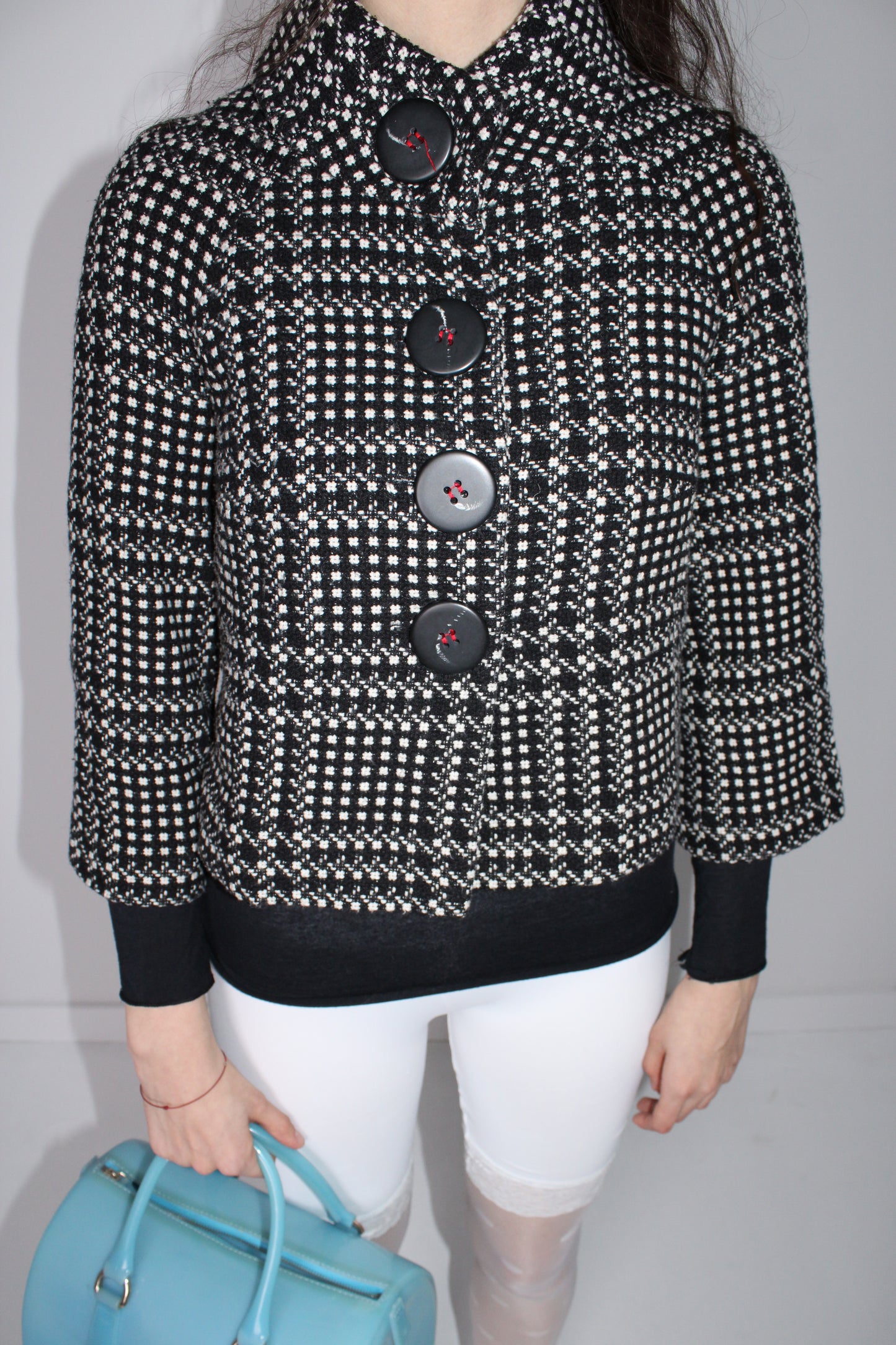 BLACK TWEED CHECK PEACOAT