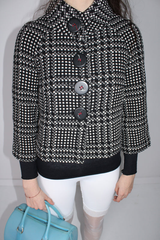 BLACK TWEED CHECK PEACOAT