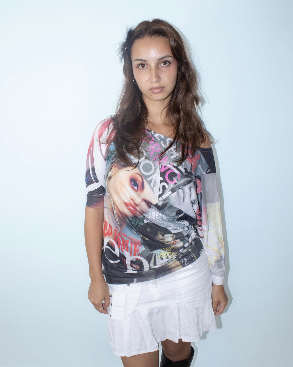 off-shoulder print shirt