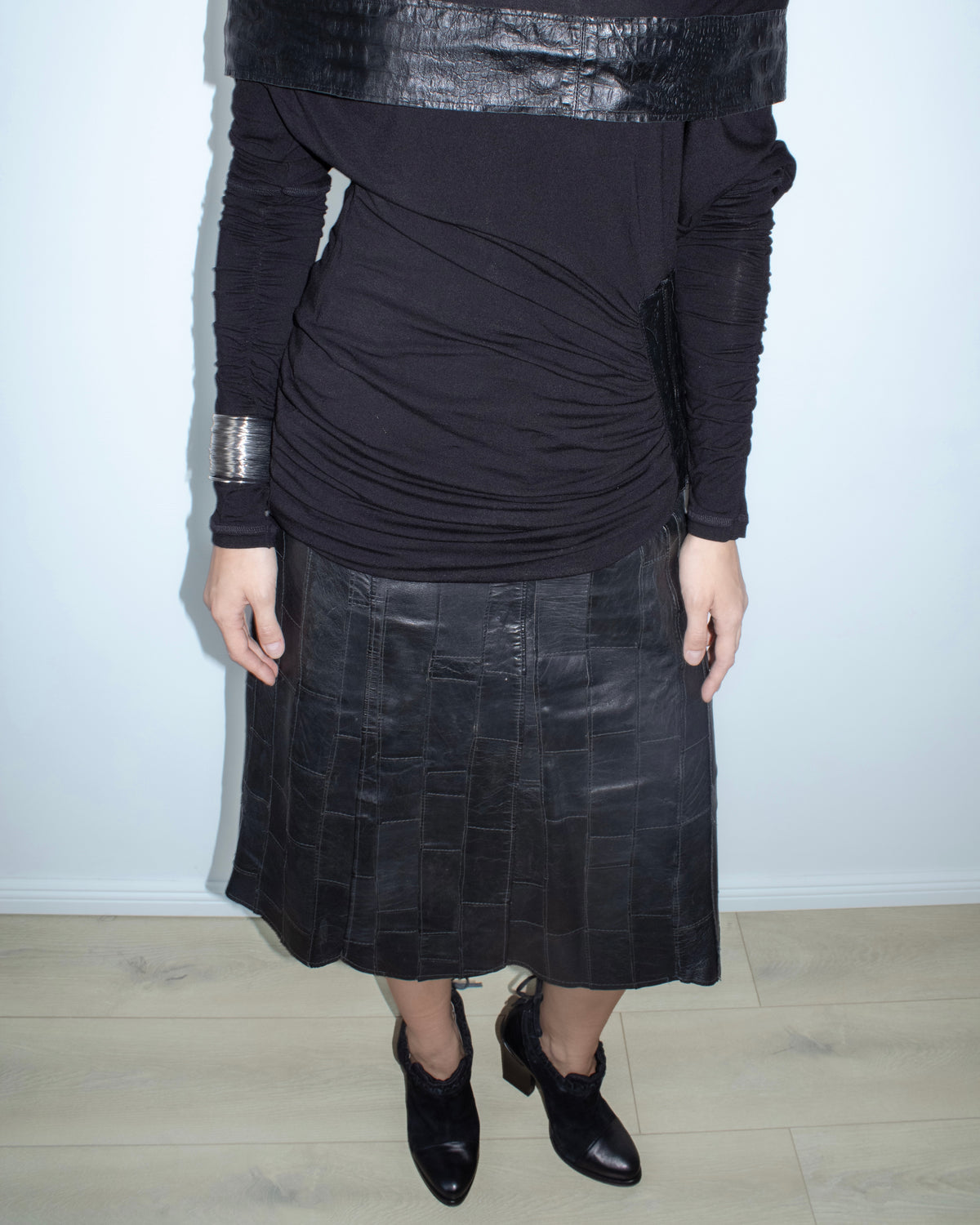 patchwork leather midi skirt