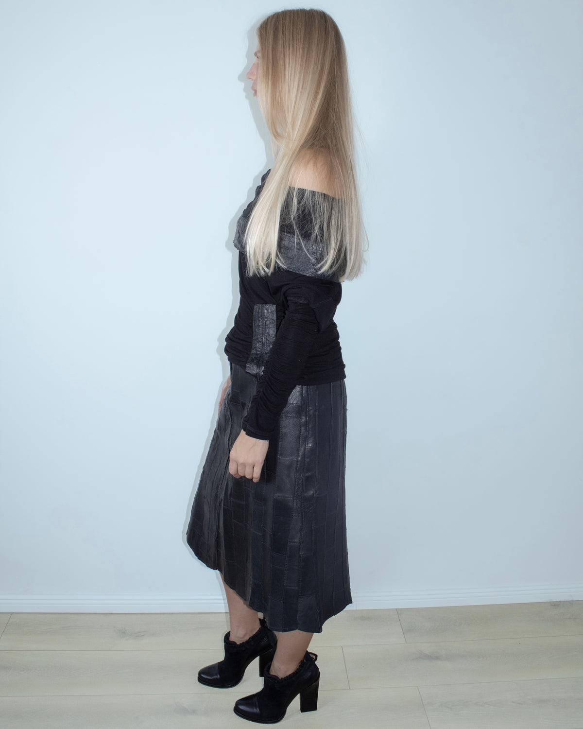 patchwork leather midi skirt