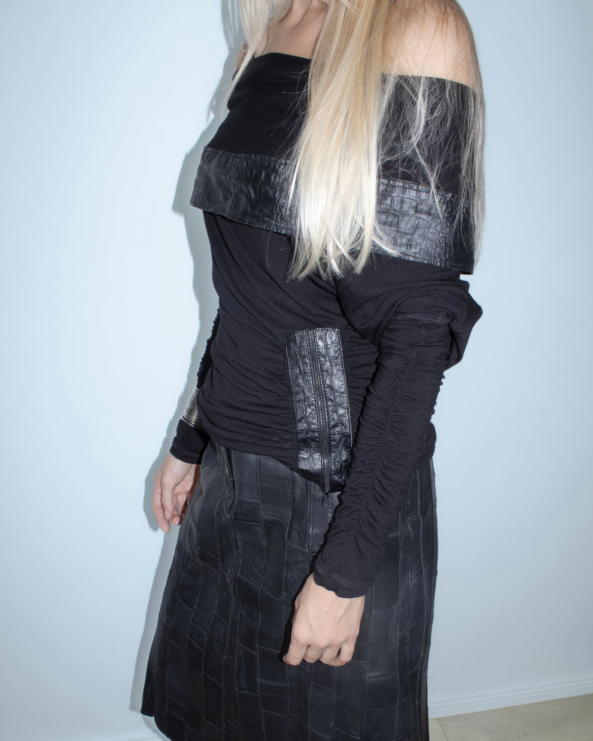 black off-shoulder croc trim top