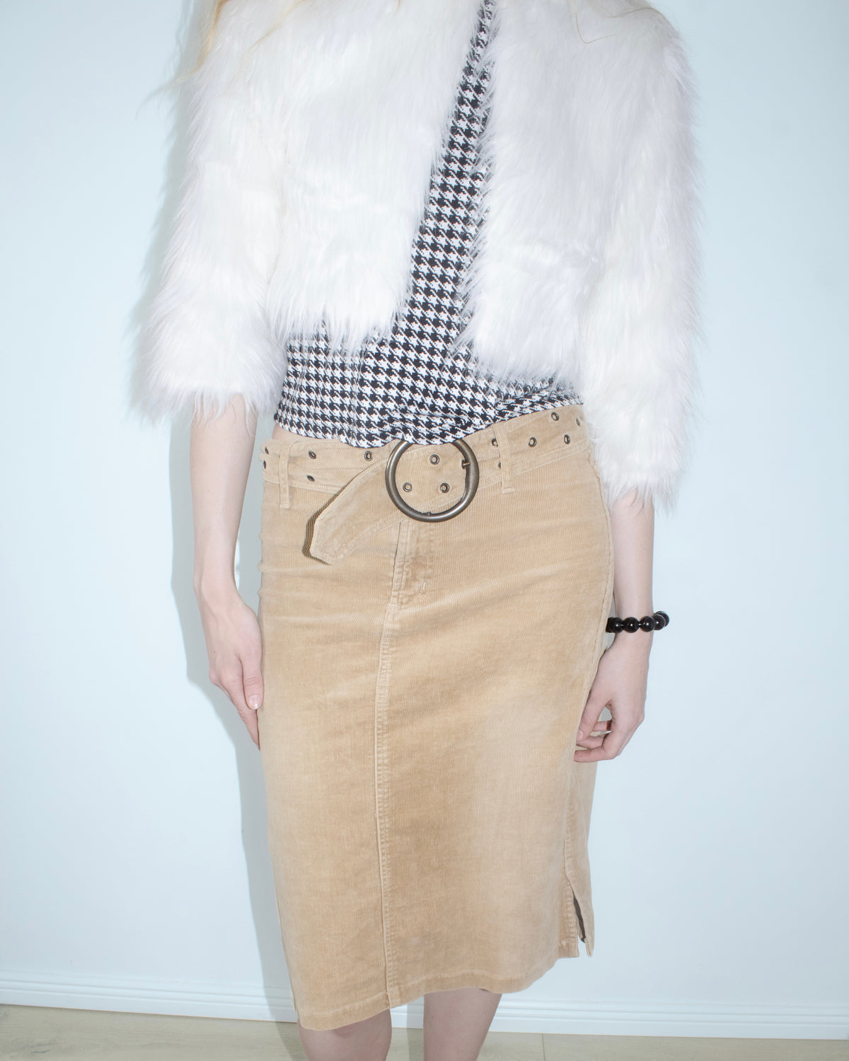 buckle-waist corduroy midi skirt