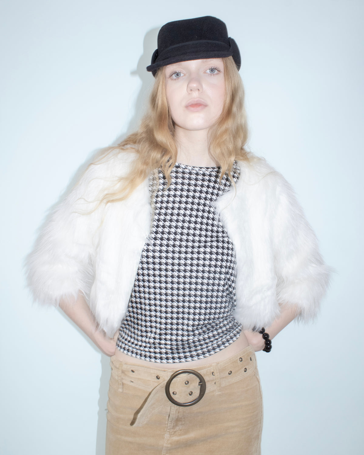 white cropped faux fur jacket