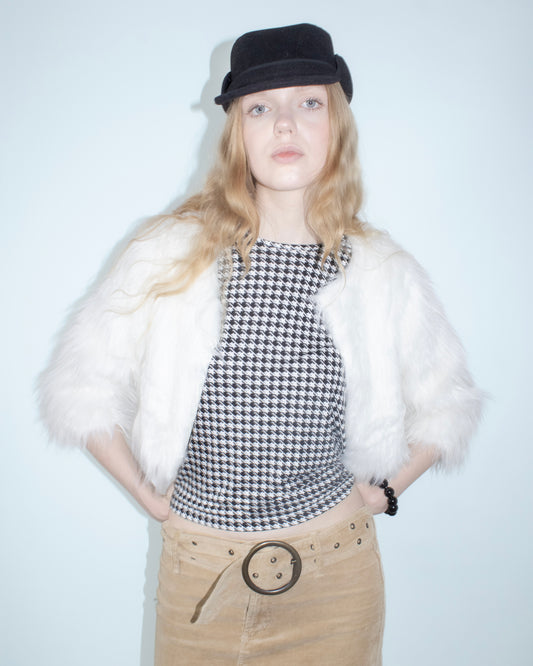 white cropped faux fur jacket