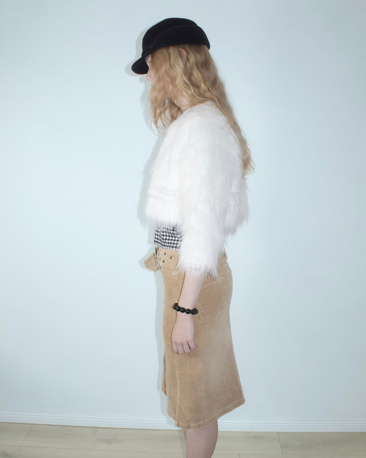 white cropped faux fur jacket
